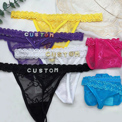 Custom Name Thong Sexy Bikini Panties with Crystal Letter Hotwife Lingerie Custo