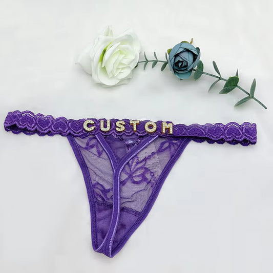 Custom Name Thong Sexy Bikini Panties with Crystal Letter Hotwife Lingerie Custo